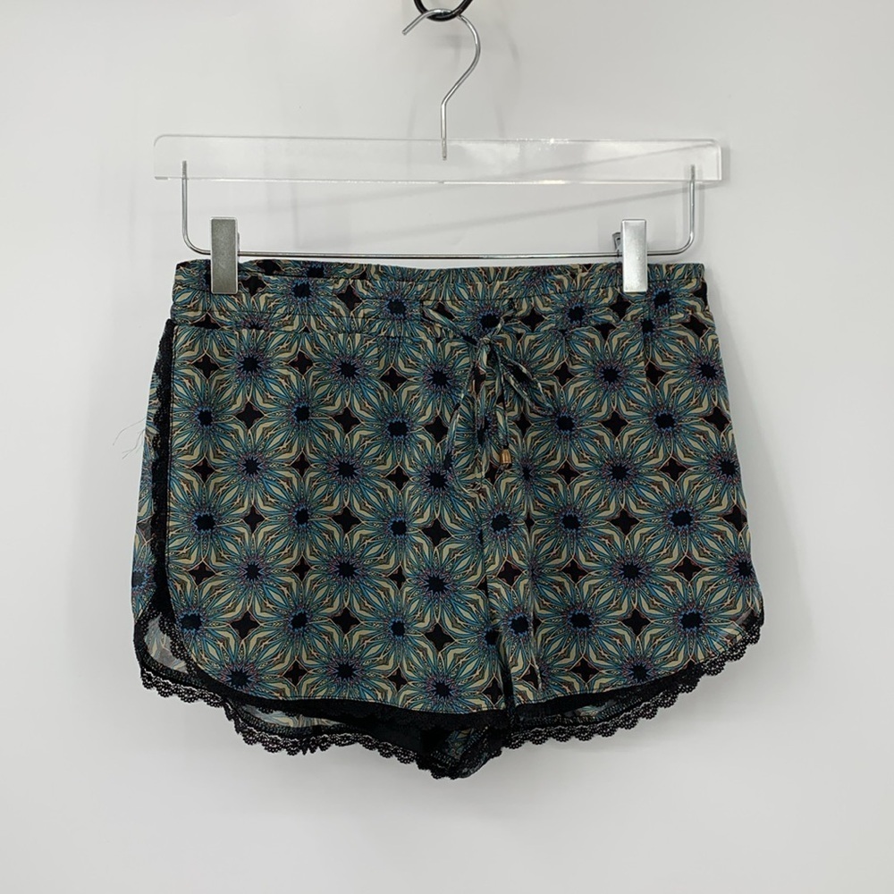 Sans Souci floral star shorts black lace trim drawstring lounge blue print Small